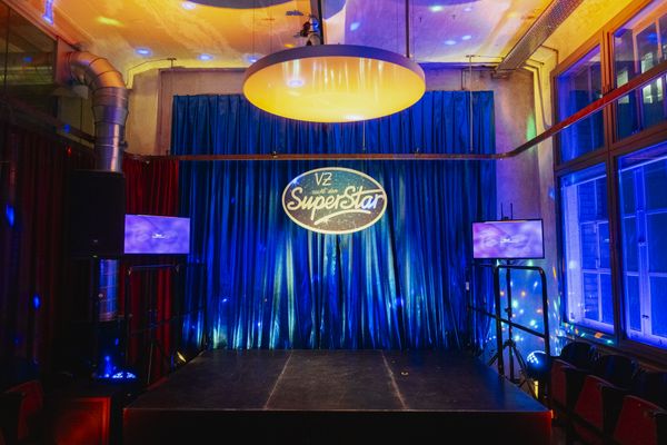 Christmas party, theme party, year 2000, karaoke stage